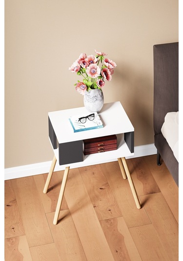 İntergo Ahşap Ayaklı Dekoratif Raflı Komodin  Antarsit Gri - Beyaz