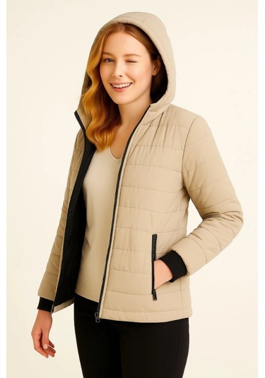 Şişme Kapüşonlu Fermuarlı Mont Su Itici Kapitone Astarlı Kumaş Cepli Kışlık Rahat Kalıp - Bej Bej