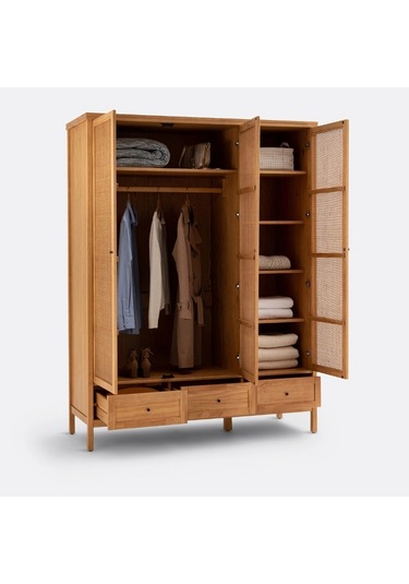 Altea Rattan Detaylı Geniş Masif Gardrop Ahşap
