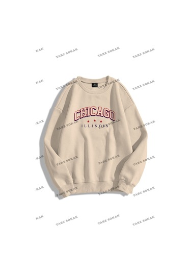 Y2K Unisex Chicago Illinois Bisiklet Yaka Sweatshirt Kod 1847 Gri
