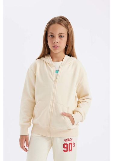 DeFacto Kız Çocuk Basic Düz Kapüşonlu Fermuarlı Cepli Okul Hırkası C8110A824AUER134 Ekru