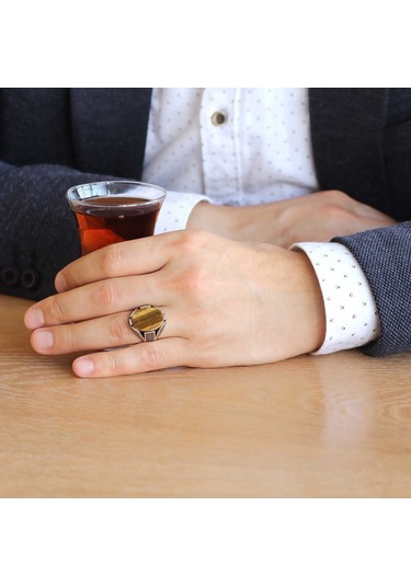 Kaplangözü Taşlı Örgü Tasarım 925 Ayar Gümüş Erkek Yüzük (429371848)