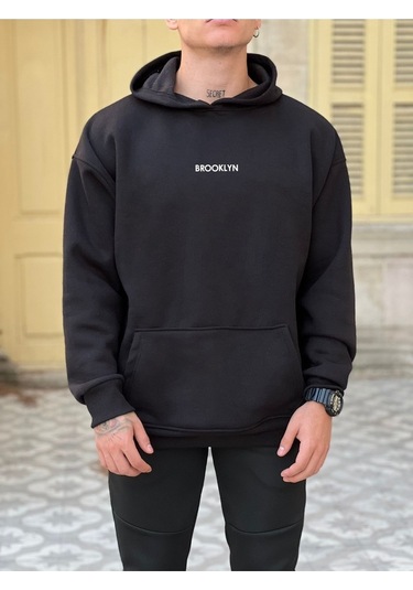 Unisex Siyah Brooklyn Baskılı Kapüşonlu Sweatshirt Siyah