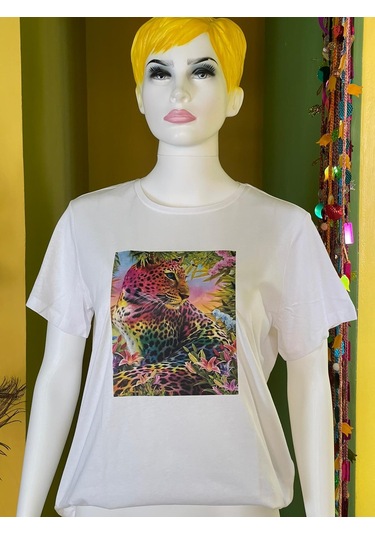 %100 Pamuk Basic Bisiklet Yaka Örme 3 Boyutlu Renkli Kaplan Baskı T-shirt Beyaz