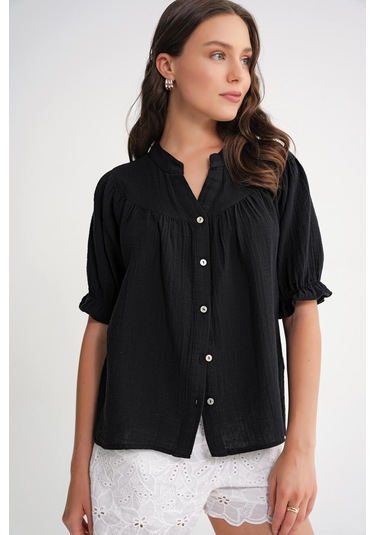 4725 Kadın Büzgü Robalı Kolu Fırfırlı Müslin Gömlek Siyah Siyah