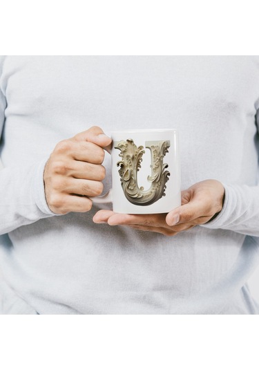 U Harfi Bardak, Monogram 330 Ml Barok Oymalı Görünüm Beyaz