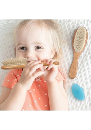 3'lü Set Ahşap Bebek Fırça Ve Masaj Tarak Seti Ve Sarı Renk Tırnak Makası
