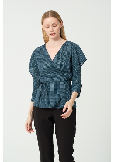 V Yaka Bağcıklı Kol Detaylı Bluz Petrol Mavi