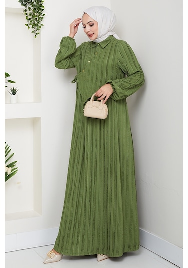 Çapraz Bağlamalı Bürümcük Elbise 1617 - Haki Haki