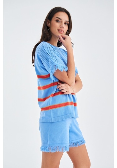 Peraluna Hannah Blouse & Shorts Pamuklu Yazlık Kadın Triko Şort T Mavi