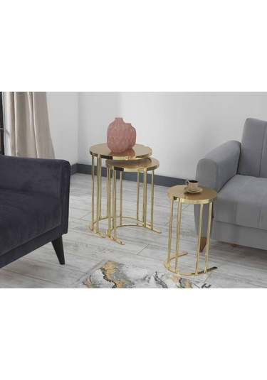 Premium Zigon Sehpa & Yan Sehpa 3'lü Yuvarlak Sehpa Hıgh Gloos Mdf Altın Yuvarlak