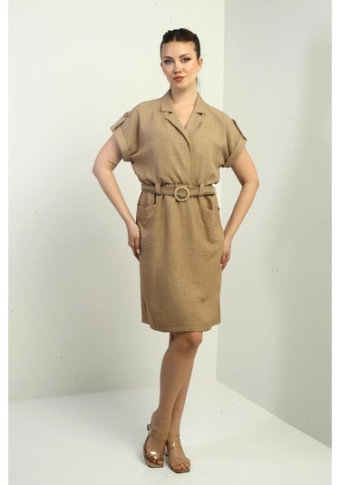 Kadın Torba Cepli Beli Kemerli Elbise-40411 Camel
