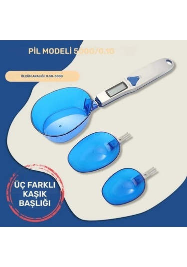 Fastbuy Dijital Baharat Tartısı Akıllı Kaşık S7 Mavi, 0-500g Ölçüm, 3 Kaşık Seti -