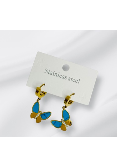 1001 Aksesuar Kelebek Model Turkuaz Ve Gold Renkli Çelik Küpe