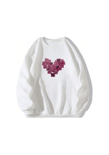 Harfli Ve Kalp Desenli Düşük Sweat-trzksw3461 Beyaz