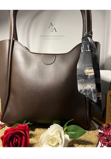 Kavisli Ağızlı Ve Şal Detaylı Büyük Boy Tote Çanta Koyu Kahverengi