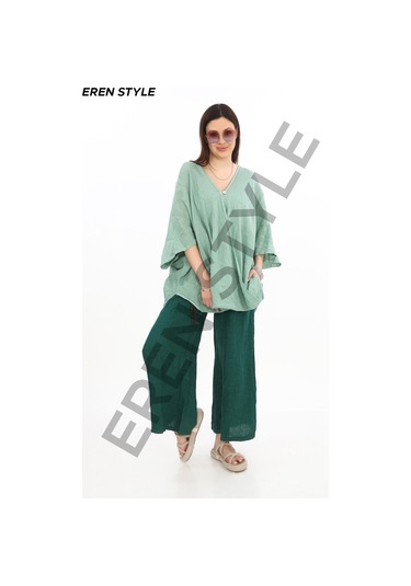 Bohem Kuruvaze Tek Düğmeli Keten Bluz-9884 Su Yeşili