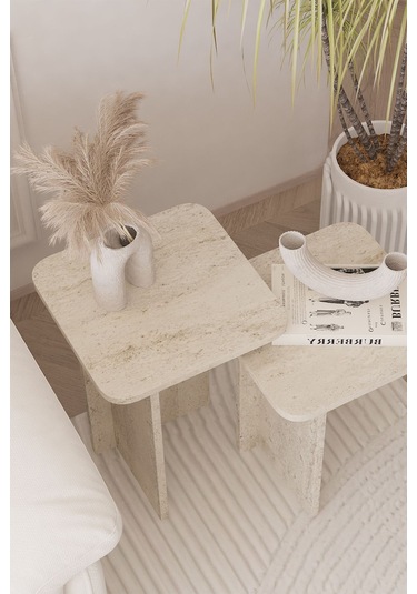 Kare Zigon Sehpa Takımı, 2 Li Set, Yan Sehpa - Traverten Desen