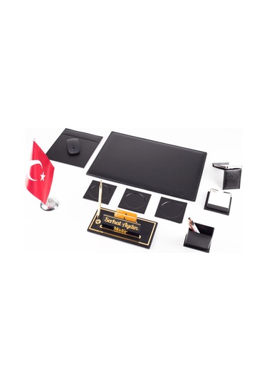 Optima 10 Parça Türk Bayraklı Siyah Deri Sümen Seti Takımı Gold Kalem Ofis Masa İsimliği İsimlik