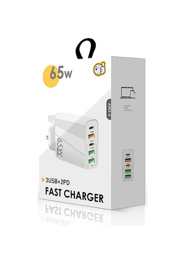 65w Çift Pd Tip-c + 3 X Usb Çok Portlu Şarj Cihazı 3a Tip-c Tip-c Veri Kablosu İle, İngiltere Fişi Beyaz Beyaz