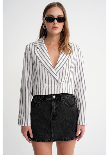 4641 Kadın Keten Çizgili Crop Ceket Siyah Siyah