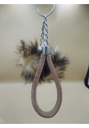 Camel Taşlı Tilki Tüyü Leopar Desenli Angel Anahtarlık