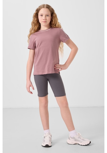 Gül Kurusu Pamuklu O Yaka Standart Fit Basic Kız Çocuk T-shirt - 75177 Gülkurusu