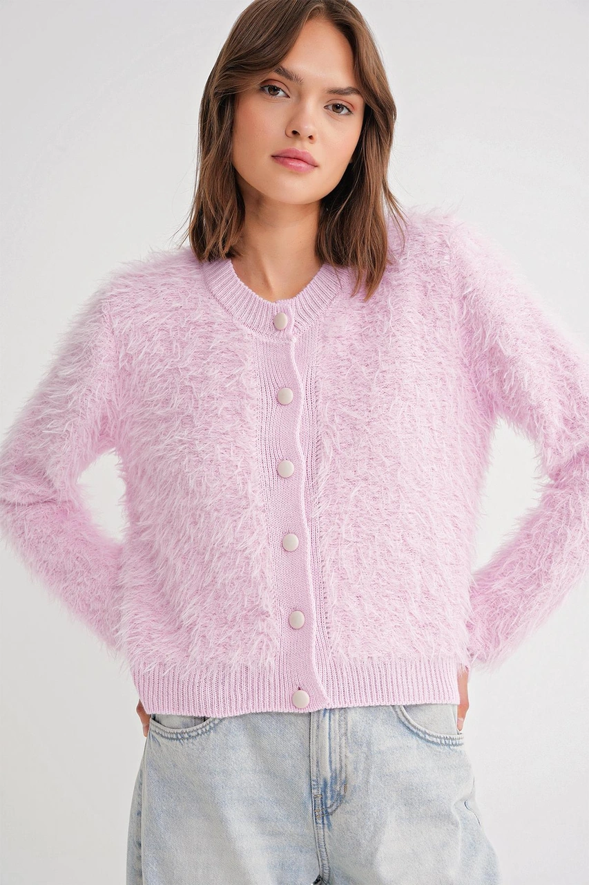 6897 Kadın Uzun Sakallı Bant Detaylı Triko Hırka Pembe Pembe