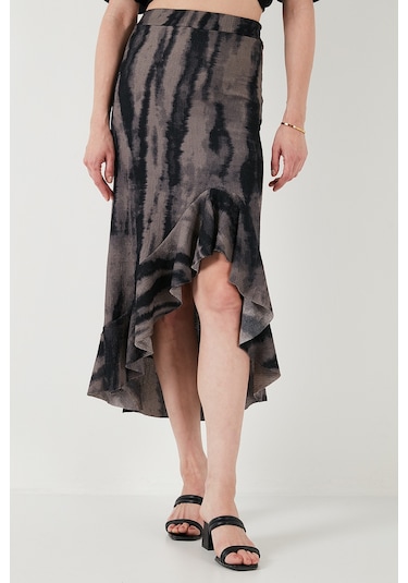 Lela Regular Fit Desenli Yüksek Bel Volanlı Midi Boy Yırtmaçlı Bayan Etek 5869013 Siyah