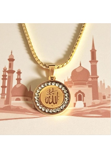 Allah Yazılı Zirkon Taşlı Çelik Kolye Ucu 9108 Altın