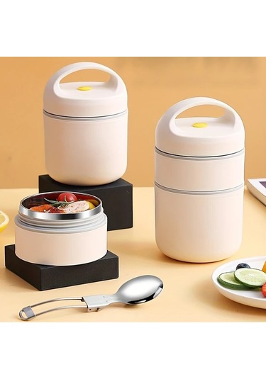 Meridiangoods Beige 680ml Paslanmaz Çelik 3ü 1 Arada Termal Yemek Seti 12 Saat Sıcak Tutar Bej