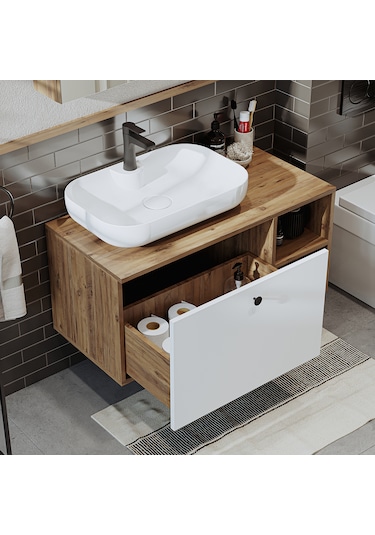 "lavabolu" Mdf 95 Cm Çekmeceli Lotus Oval Lavabolu Banyo Dolabı Atlantik Çam - Beyaz