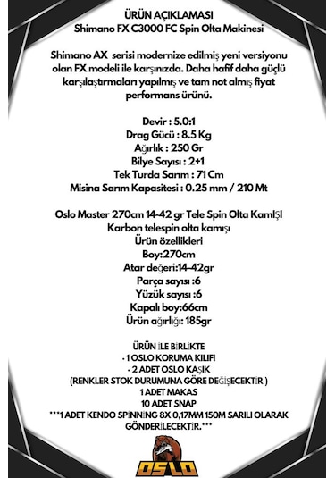 Oslo Master Telespin 270cm 14-42gr Shimano Fx 4000 8 Örgü Spin Olta Seti
