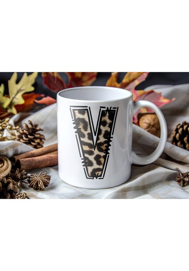 V Baş Harf Leopar Desenli Kupa Bardak - Kişiye Özel Feminen Konsept Hediye - Vahşi Hayvan Desenli Beyaz
