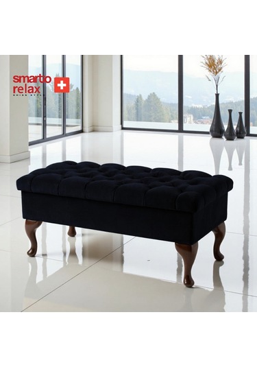 Smarto Relax Puf Mürren Sandıklı Ayaklı Kapitoneli Dekoratif 100x40x45 Cm Siyah Siyah