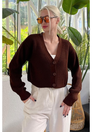 Madmext Kahverengi Uzun Kollu Düğmeli Crop Hırka Mg2198 Kahverengi
