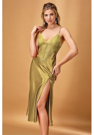 Nurteks 7136 Kadın Saten İp Askılı Yırtmaç Detaylı Uzun Gecelik-yeşil Yeşil