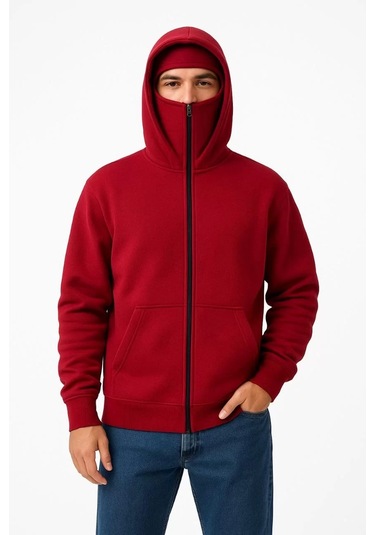 Samuray Ninja Çift Kapşonlu Zıp Fermuarlı Kanguru Çepli Tam Fermuarlı Hoodie Swetshirt - Kırmızı Kırmızı