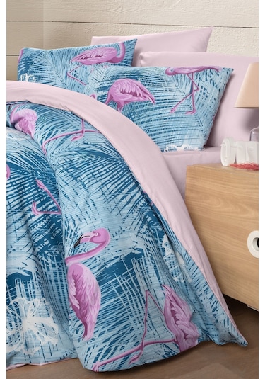 Mystory Home Lastikli Çarşaflı Çift Kişilik Nevresim Takımı Flamingo Mor - Pembe