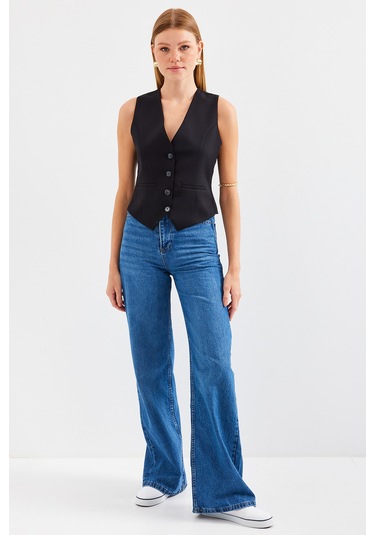 6796 Kısa Dokuma Yelek - Siyah