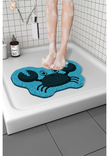 Yengeçli Banyo Paspası Kaymaz Taban Yumuşak Esnek Paspas Islak Zemin Hijyenik Paspas 40x60 Cm Mavi