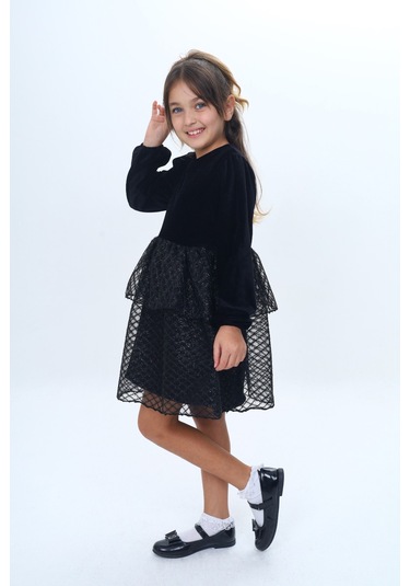 Toontoy Kız Çocuk Kadife Kat Kat Fırfır Detaylı Elbise Siyah