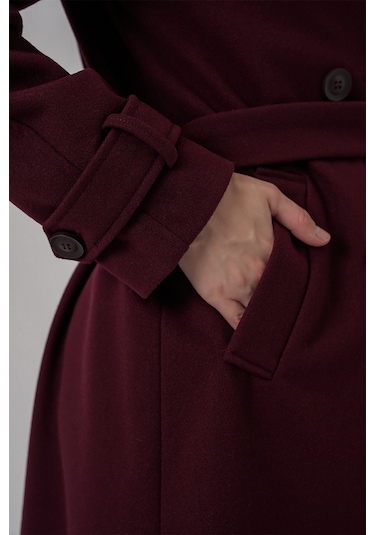 Kadın Kuşaklı Kaşe Kaban 9161 - Bordo Bordo