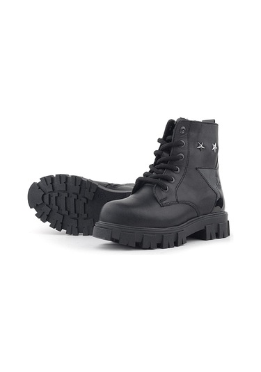 Rakerplus Siyah Bağcıklı Fermuarlı Metal Detaylı Kız Çocuk Bot Siyah