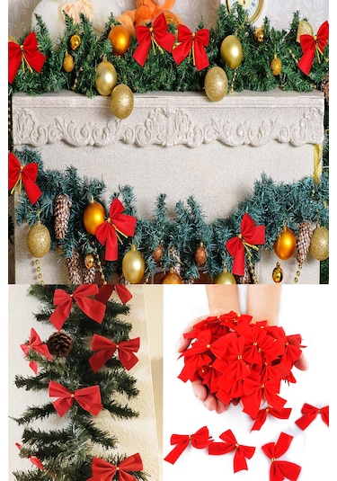 12 Adet Kırmızı Yılbaşı Çam Ağaçı Fiyonk Kurdele Yeni Yıl Noel