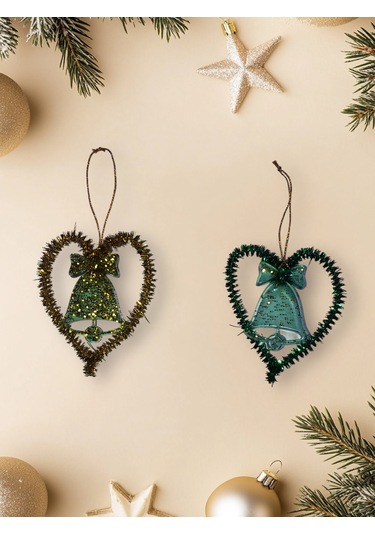 2 Li Sarı-yeşil Kalpli Çam Ağacı Yılbaşı Süsü