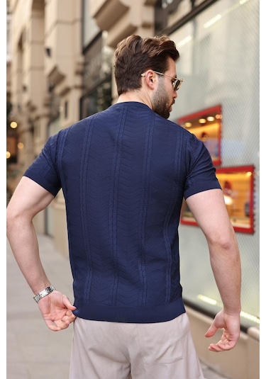 Lacivert Bisiklet Yaka Slim Fit Triko Erkek Tişört E7466