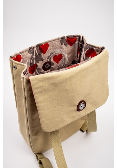 Fabric Craft Bag Sırt Çantası Kumaş Boho Nakışlı Koyu Bej - Bordo