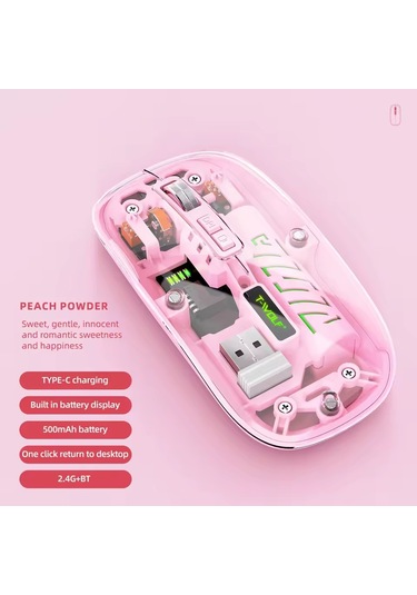 Şeffaf Mouse Kablosuz Mouse Fare Şarjlı Bluetooth Wireless Çift Modlu Sessiz 5 Tuşlu Dpı Kontrol Rb