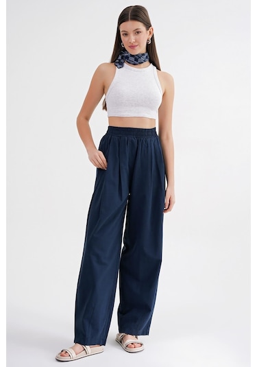 4682 Kadın Beli Lastikli Jogger Bol Keten Pantolon Lacivert Lacivert